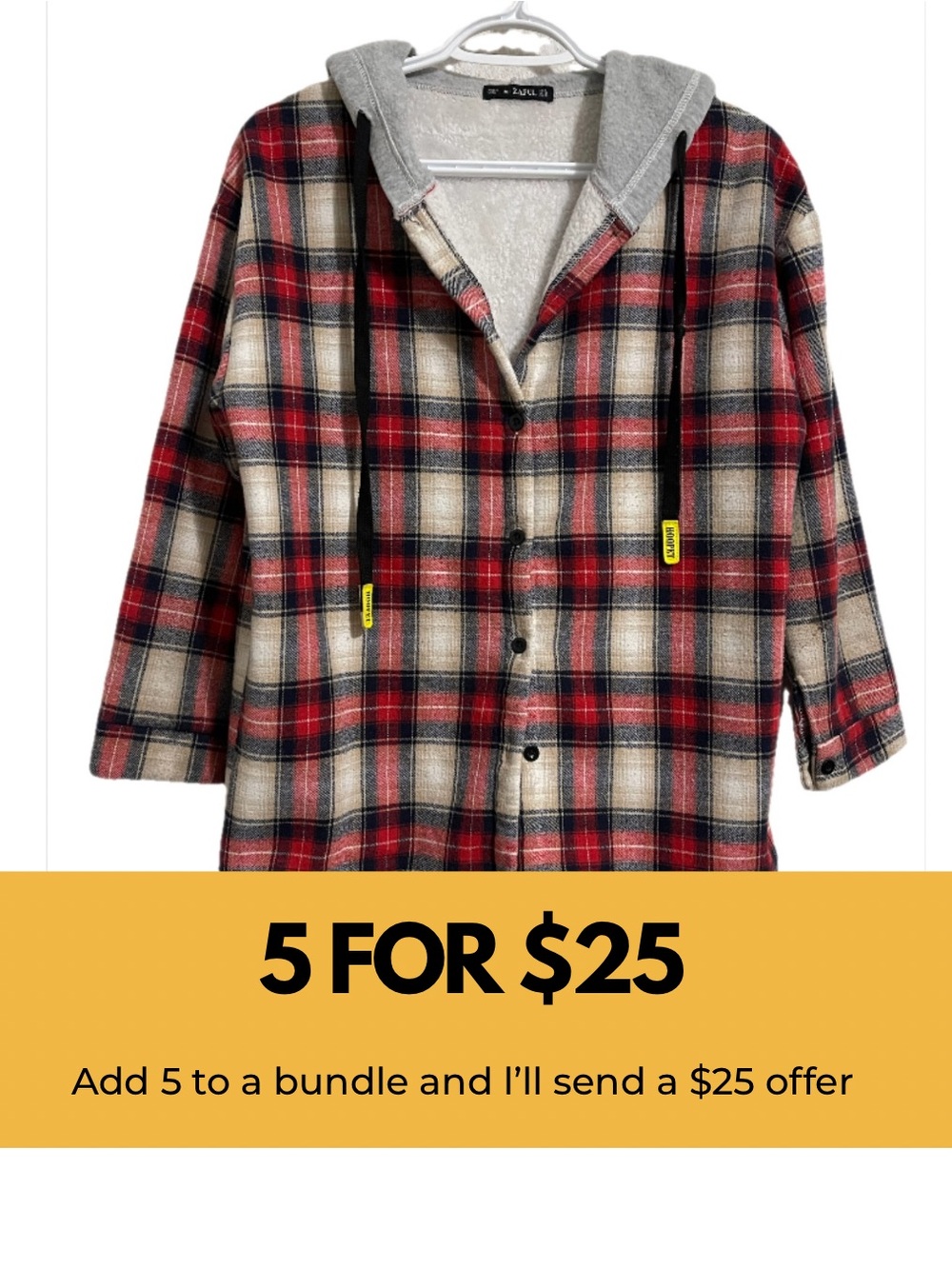 Zaful Red Plaid Hooded Flannel Shirt Jacket with Gray Hood